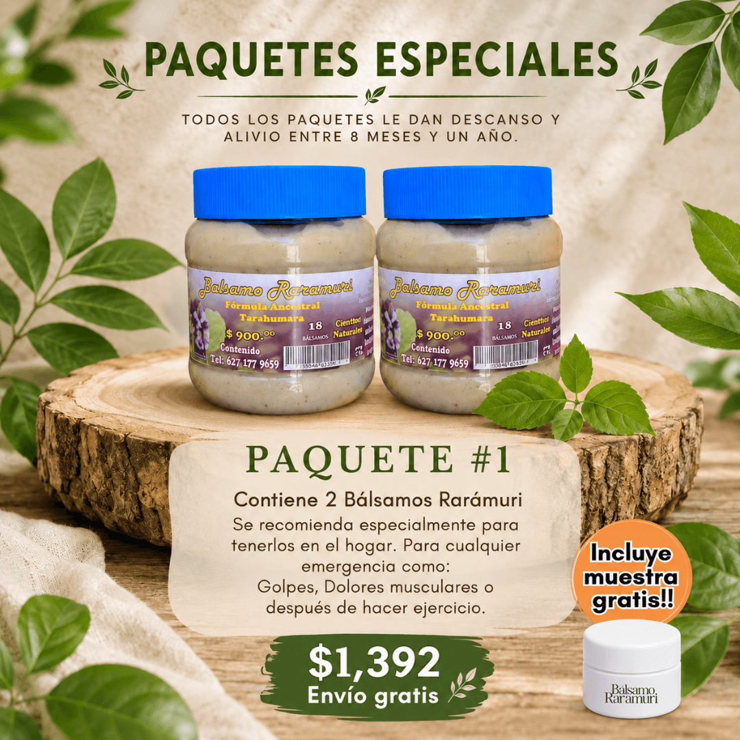 Paquete #1 de Bálsamo Rarámuri: dos frascos de 250 ml con muestra de regalo.