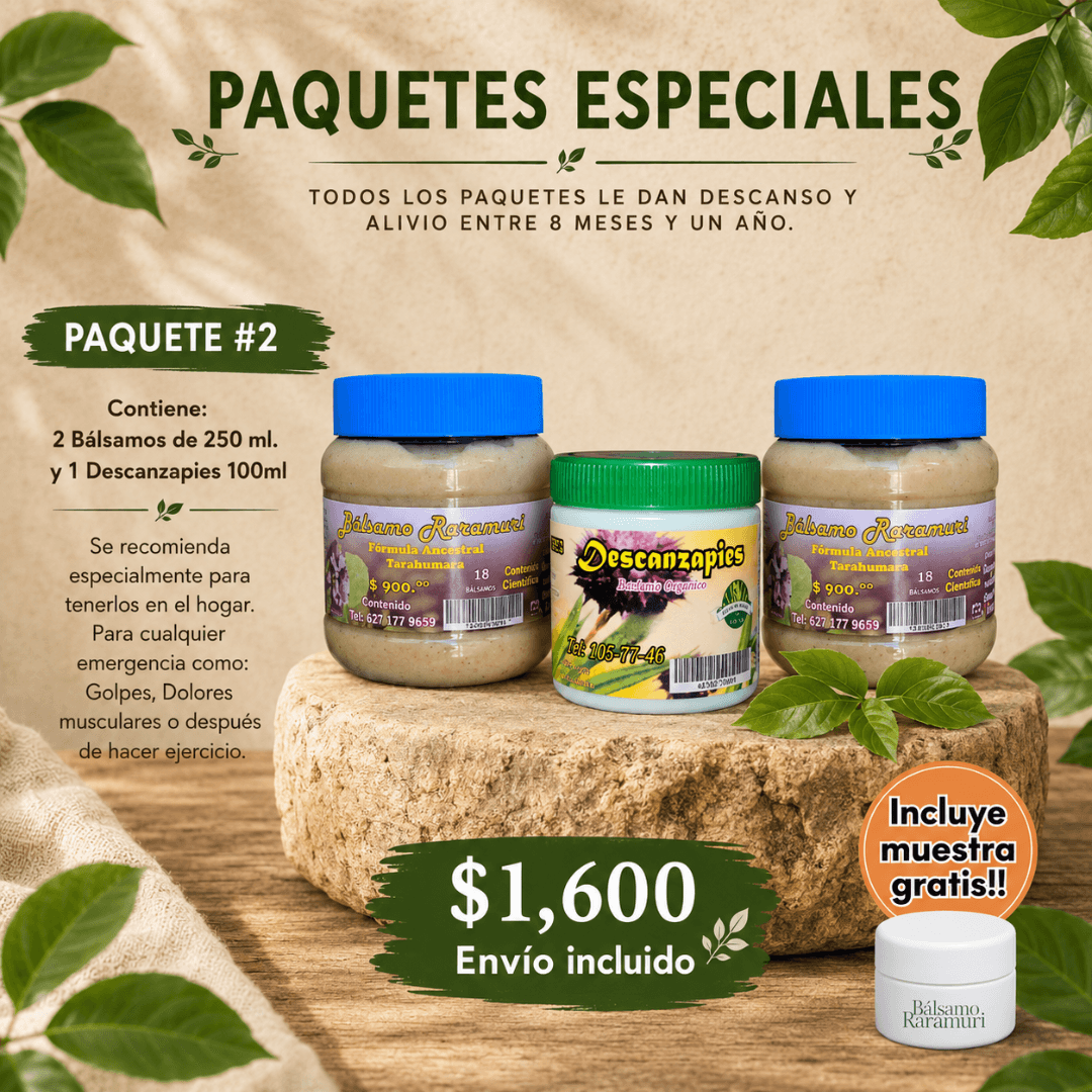 Paquete #2: dos Bálsamos Rarámuri y un Descanzapies.
