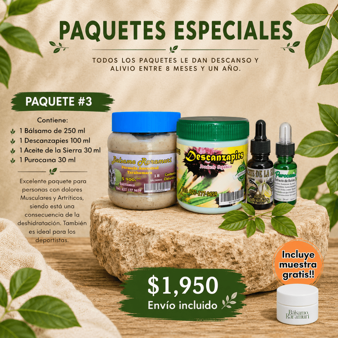 Paquete #3: Bálsamo, Descanzapies, Aceite de la Sierra y Purocanna.