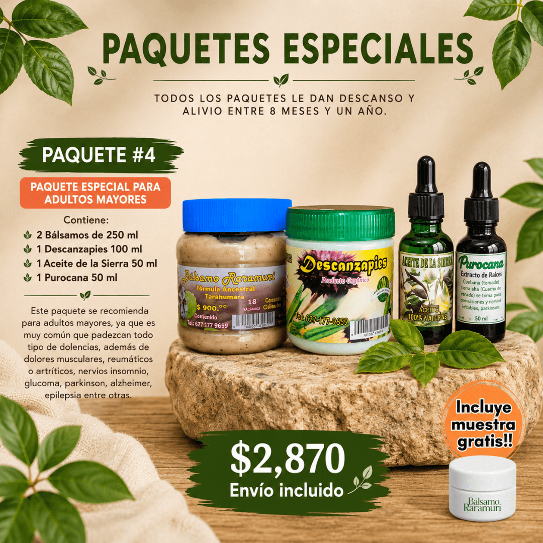 Paquete #4 especial para adultos mayores con cinco productos surtidos.